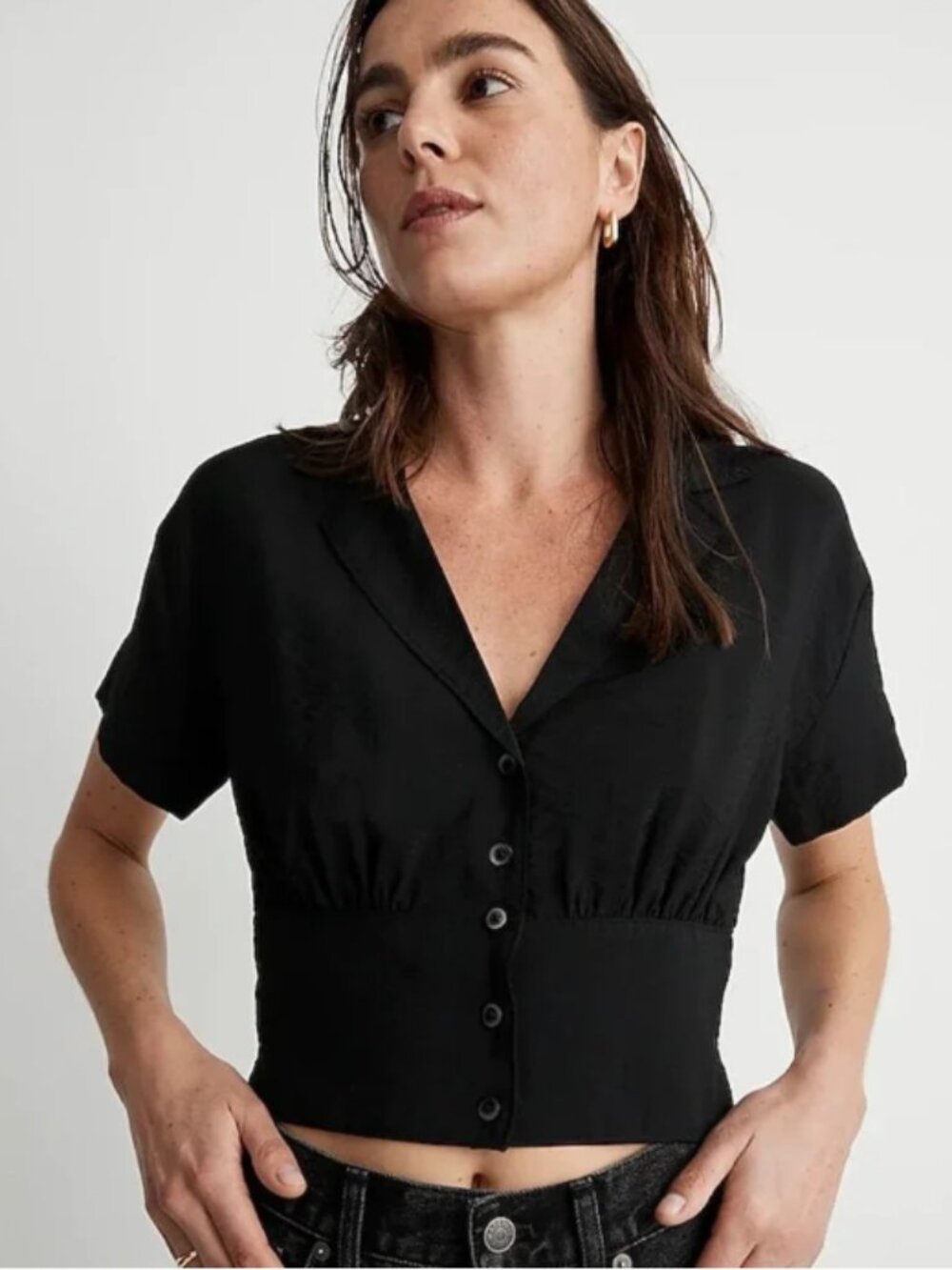 Madewell Drapey Banded-Bottom Button-Down Top Shirt Black XL Crop Like New